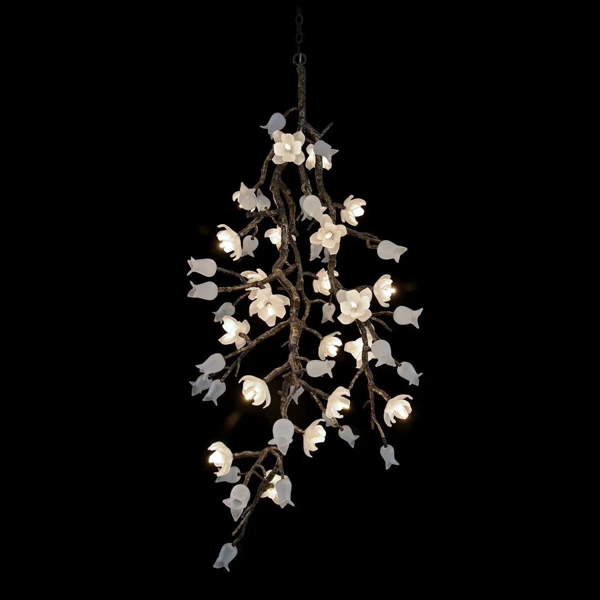 Churippu Branch Magnolia & Tulip Glass Bronze Vertical Twenty-One Light Chandelier