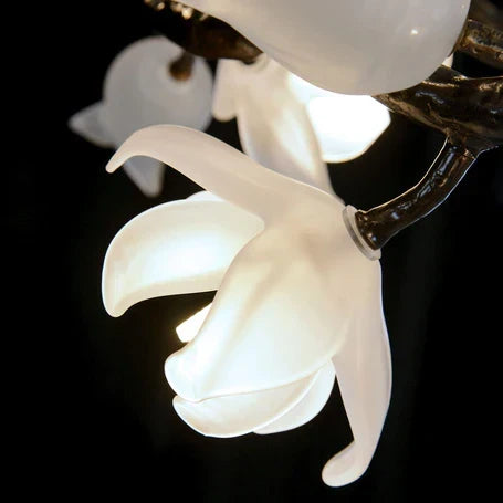 Churippu Branch Magnolia & Tulip Glass Bronze Vertical Twenty-One Light Chandelier