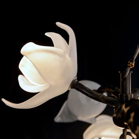 Churippu Branch Magnolia & Tulip Glass Bronze Vertical Twenty-One Light Chandelier
