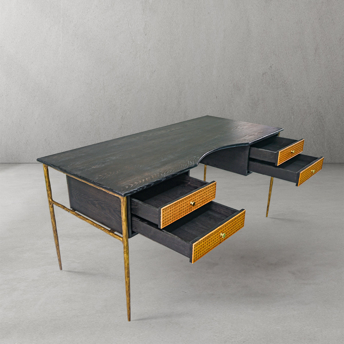 Vintage Forged Retro Brass Iron Frame Rattan Desk