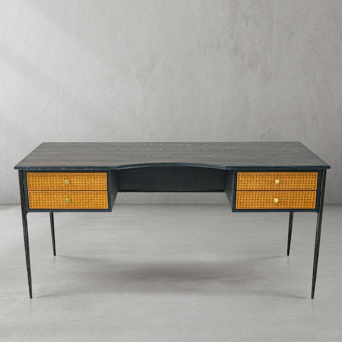 Vintage Forged Retro Brass Iron Frame Rattan Desk