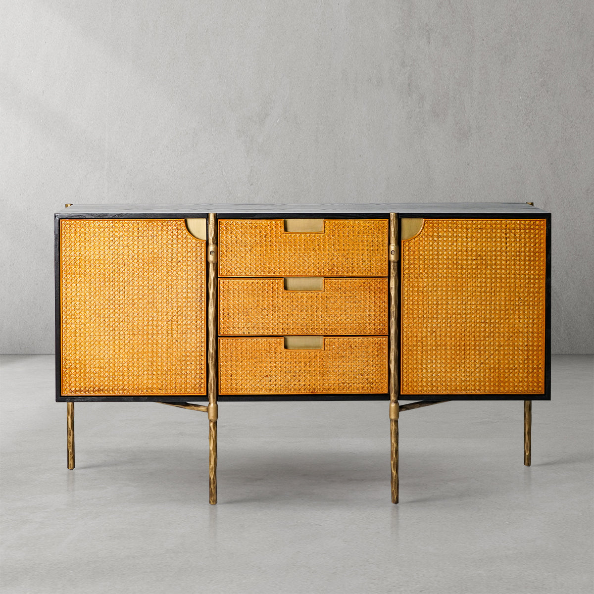 Vintage Forged Metal Frame Rattan Side Cabinet
