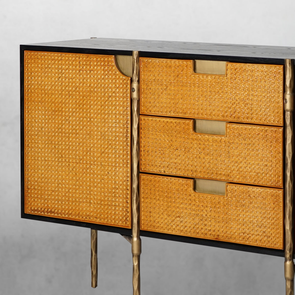 Vintage Forged Metal Frame Rattan Side Cabinet