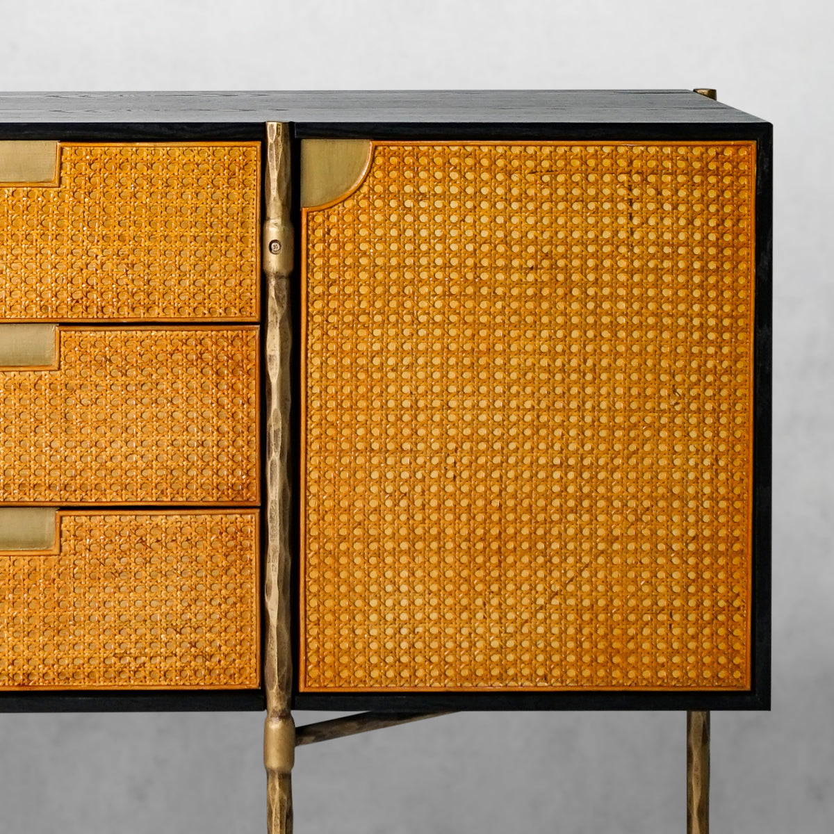Vintage Forged Metal Frame Rattan Side Cabinet