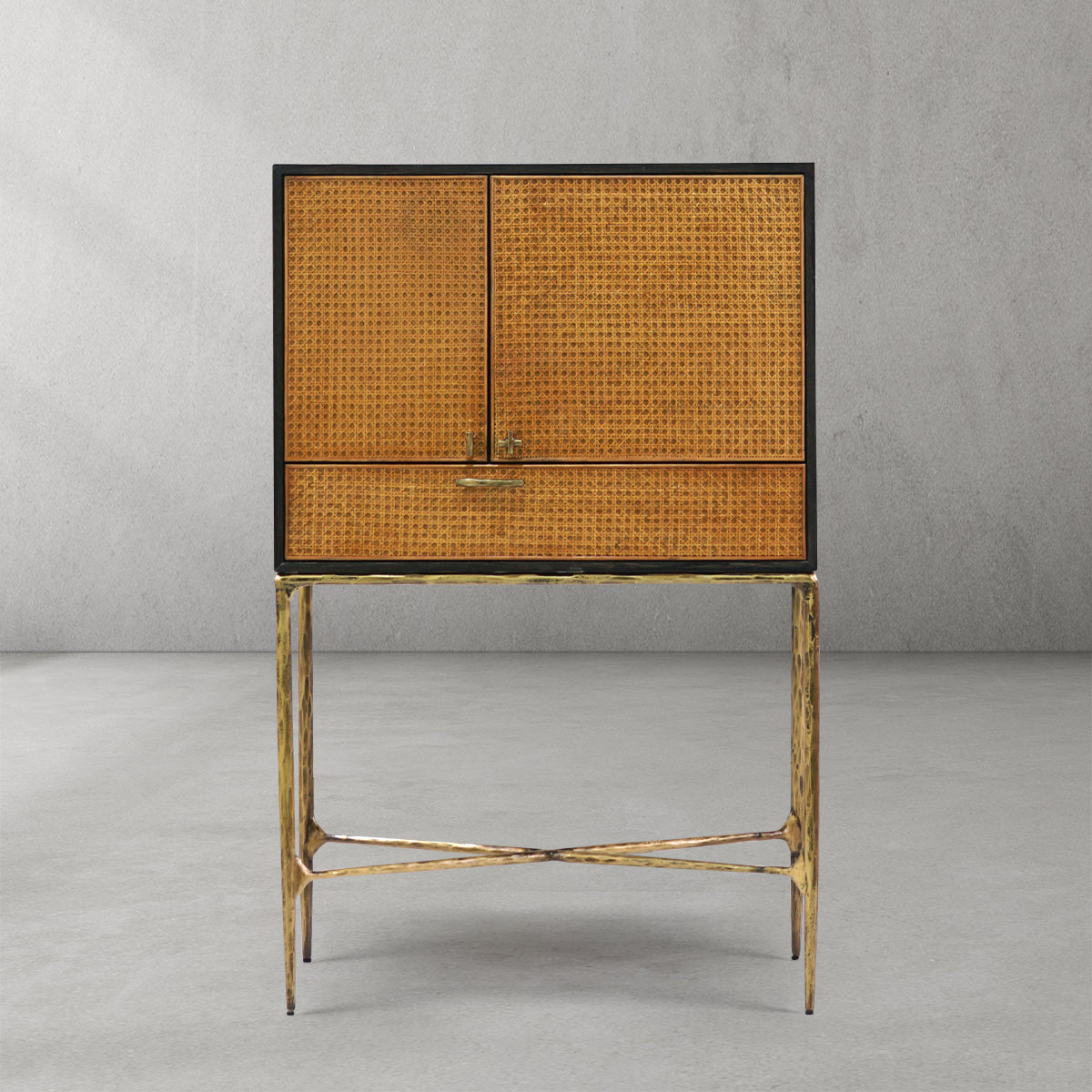 Vintage Forged Metal Frame Rattan Side Cabinet