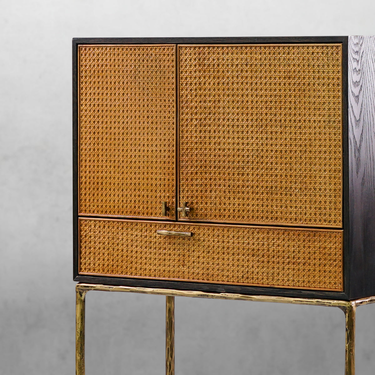 Vintage Forged Metal Frame Rattan Side Cabinet