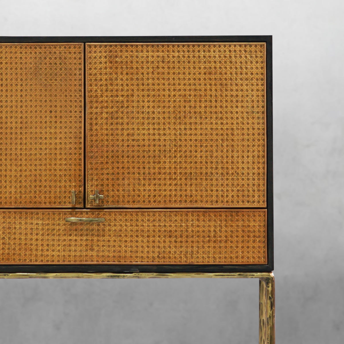 Vintage Forged Metal Frame Rattan Side Cabinet