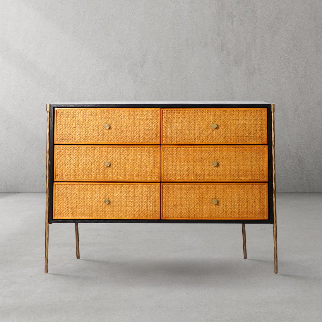Vintage Forged Metal Frame Rattan 6-Drawer Side Cabinet