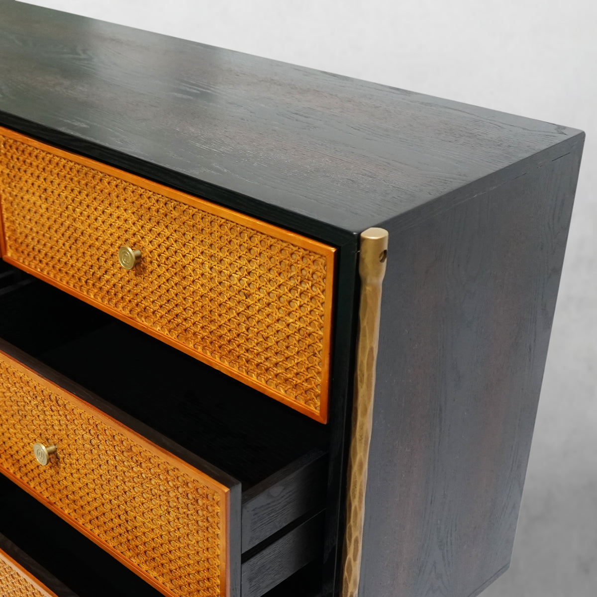 Vintage Forged Metal Frame Rattan 6-Drawer Side Cabinet