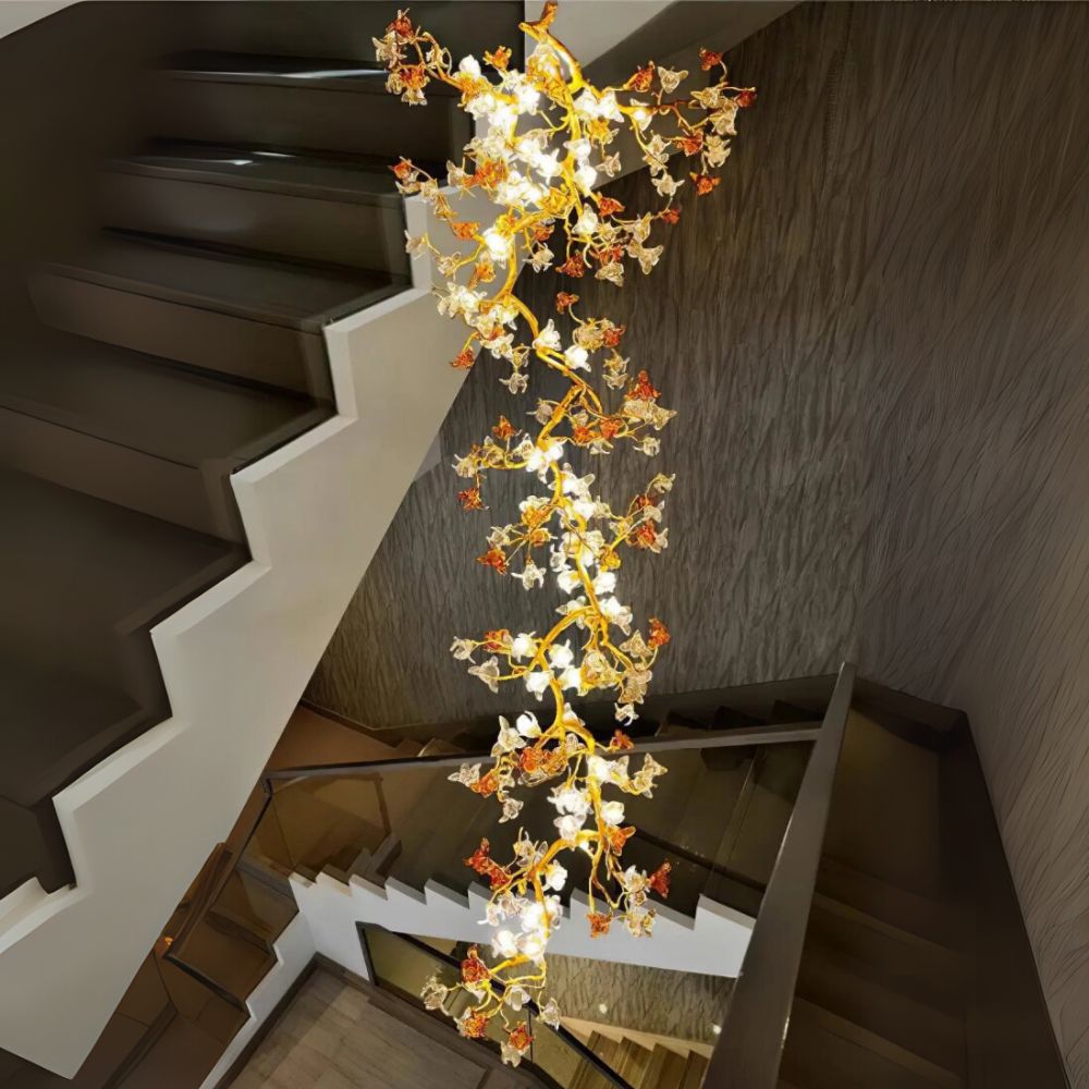 Verdant Branch Copper Vine Glass Flower Stairwell Chandelier