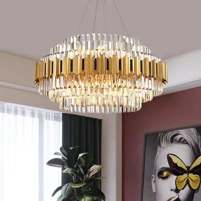 Modern Round Crystal Chandelier with Gold and Black Finish – High-Quality Crystal and Metal