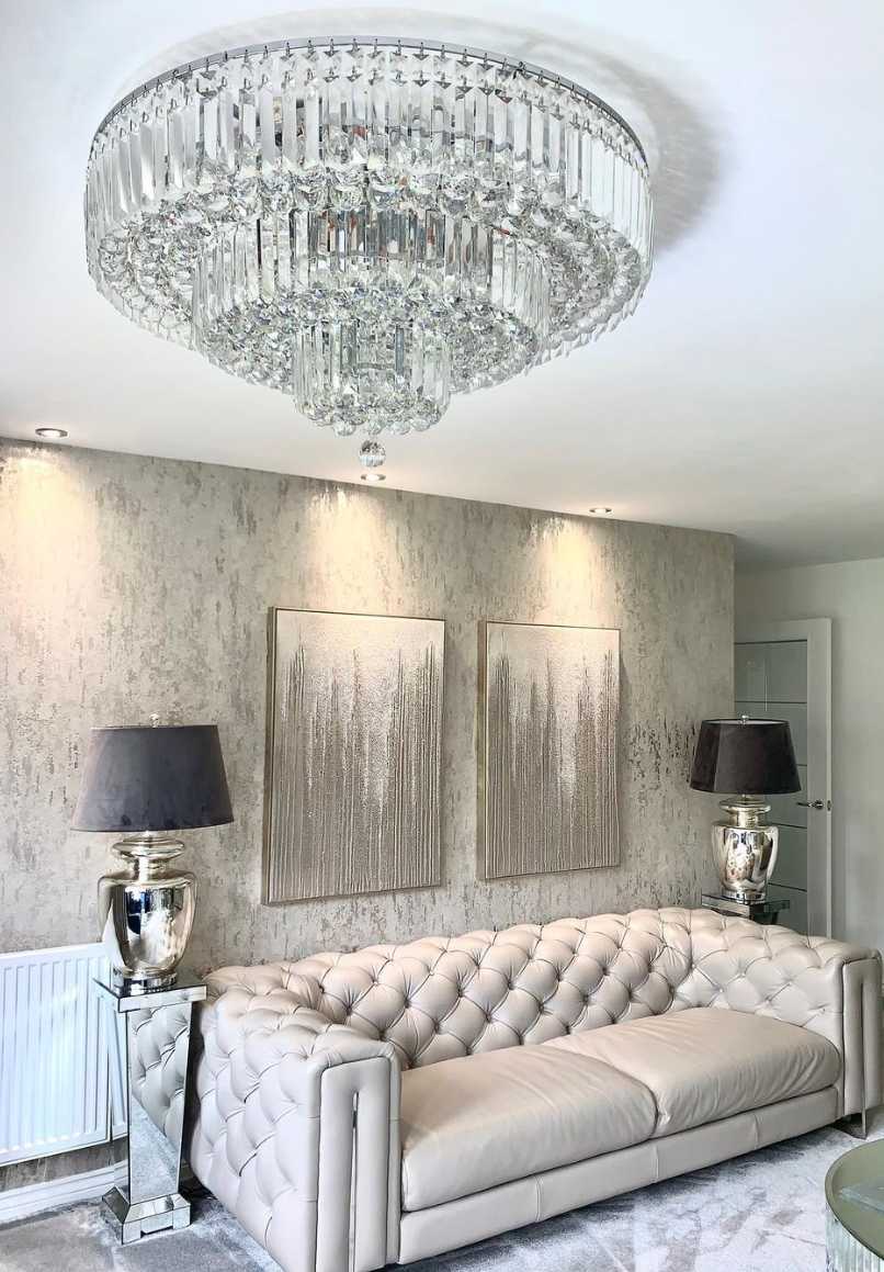 Extra Large Multi-Tier Round Flush Mount Crystal Rods Chandelier for Living Room