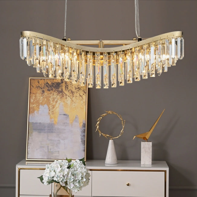 Boat Shaped LED Crystal Chandelier Oval Ceiling Light for Living / Dining Room Table in Brass Finish