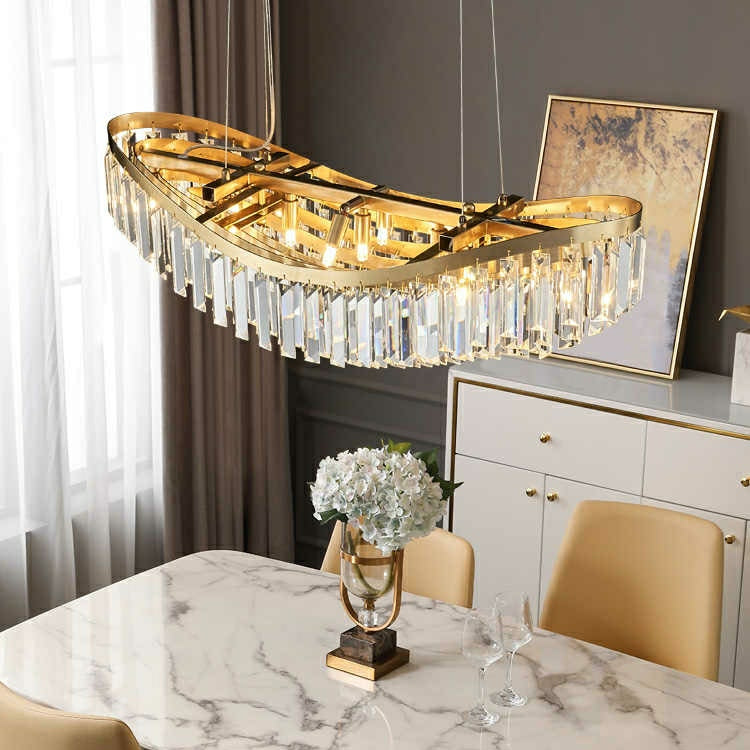 Boat Shaped LED Crystal Chandelier Oval Ceiling Light for Living / Dining Room Table in Brass Finish