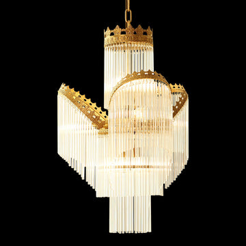 Sleek Small Modern Art Deco Brass & Glass Chandelier 19'' W x 27'' H – Perfect for Living Room Entryway Bedroom