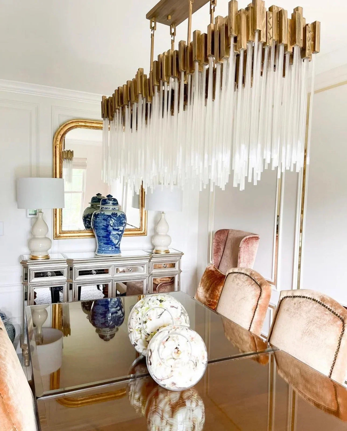 Modern Rectangular Glass and Metal Chandelier with Clear Glass Rods for Dining Room