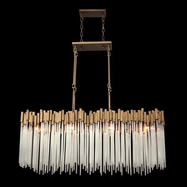 Modern Rectangular Glass and Metal Chandelier with Clear Glass Rods for Dining Room