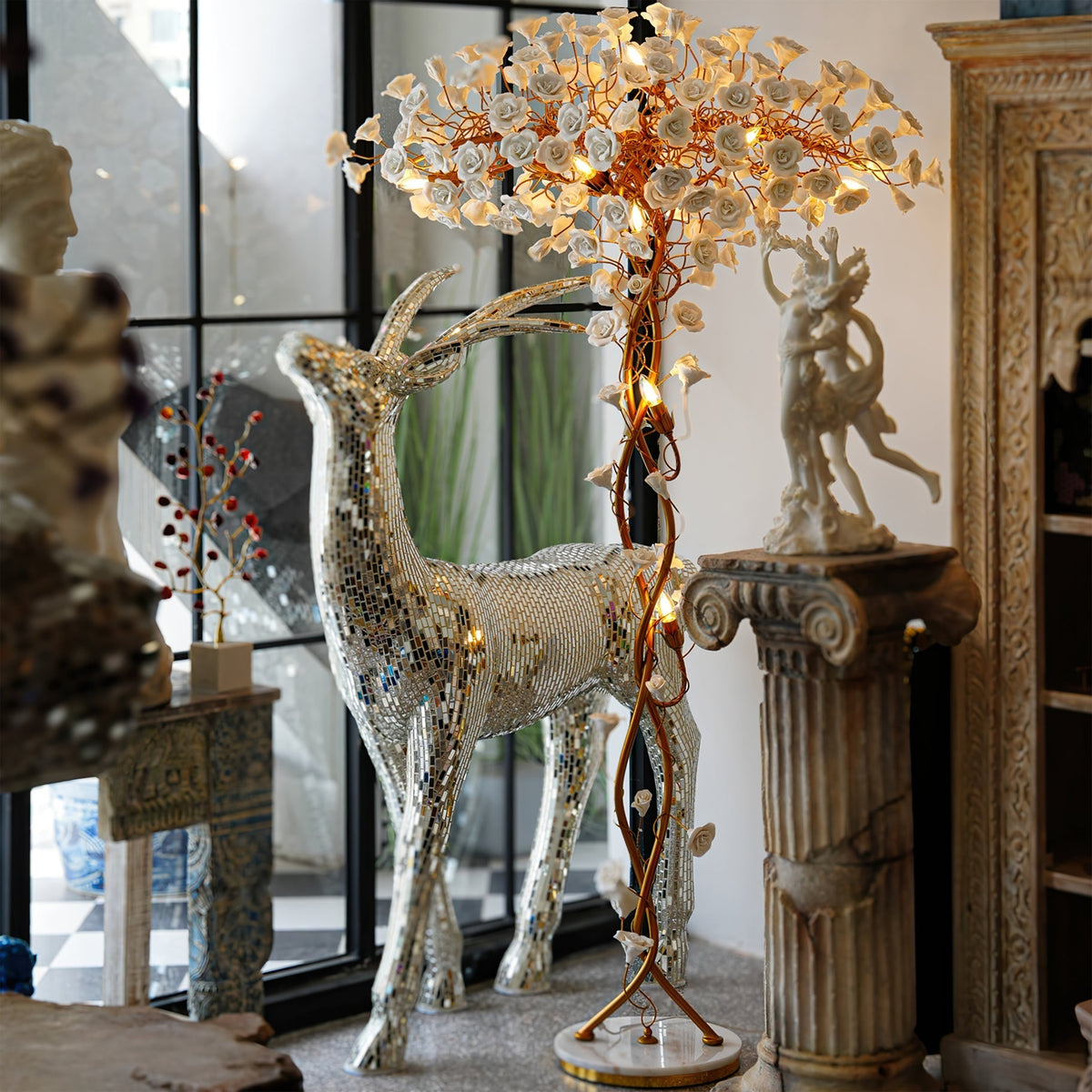 Ceramic Branch Brass Crystal Flower Floor Lamp