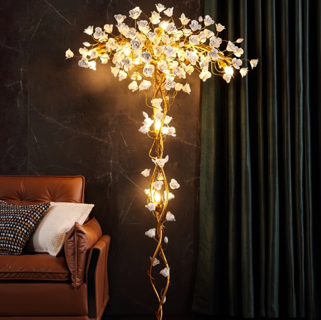 Ceramic Branch Brass Crystal Flower Floor Lamp