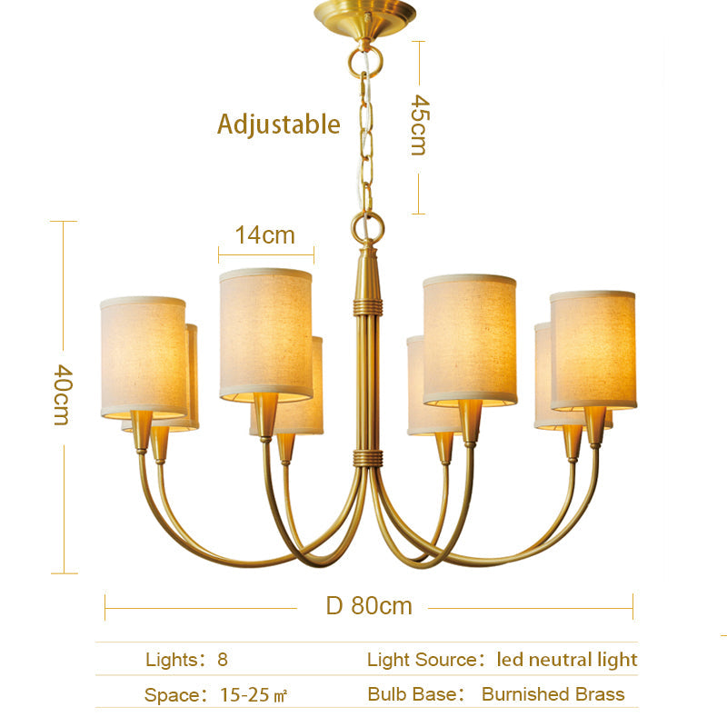 Brass Chandelier|mid Century Ceiling Fixtures Light|fabric Shades Adjustable Chain Pendant
