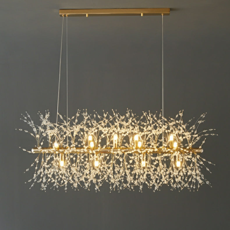 Dandelion Crystal Chandelier Light Firefly / Glowworm Hanging Lamp Pendant for Rectangle Dining Room