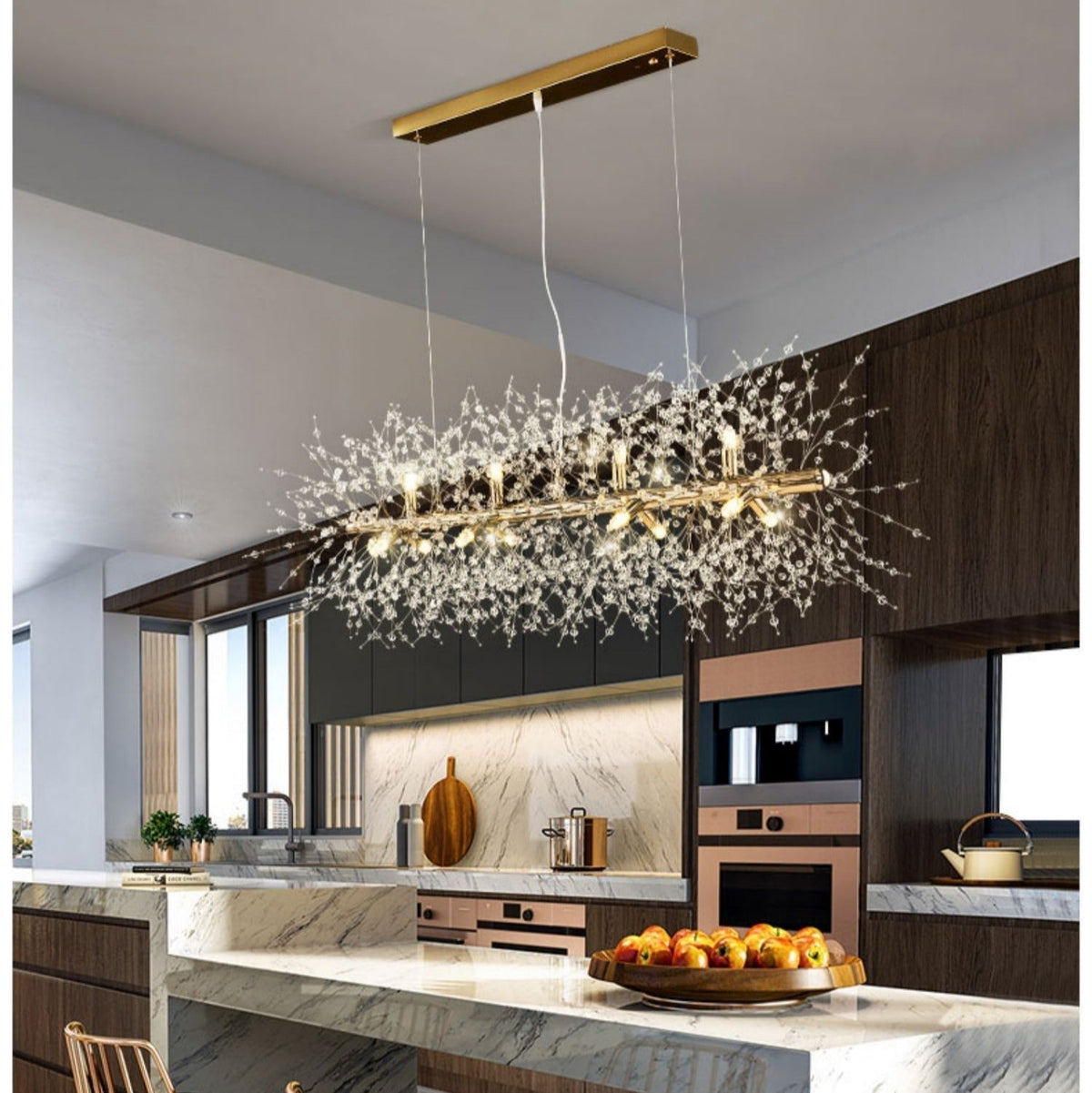Dandelion Crystal Chandelier Light Firefly / Glowworm Hanging Lamp Pendant for Rectangle Dining Room
