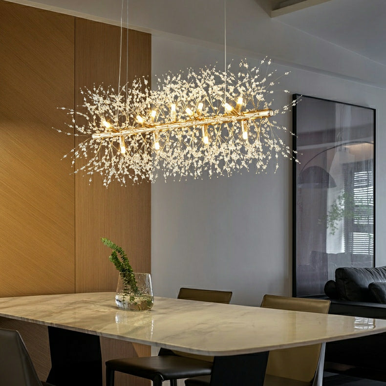 Dandelion Crystal Chandelier Light Firefly / Glowworm Hanging Lamp Pendant for Rectangle Dining Room