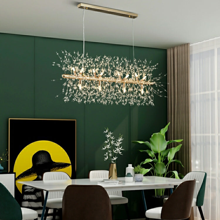 Dandelion Crystal Chandelier Light Firefly / Glowworm Hanging Lamp Pendant for Rectangle Dining Room
