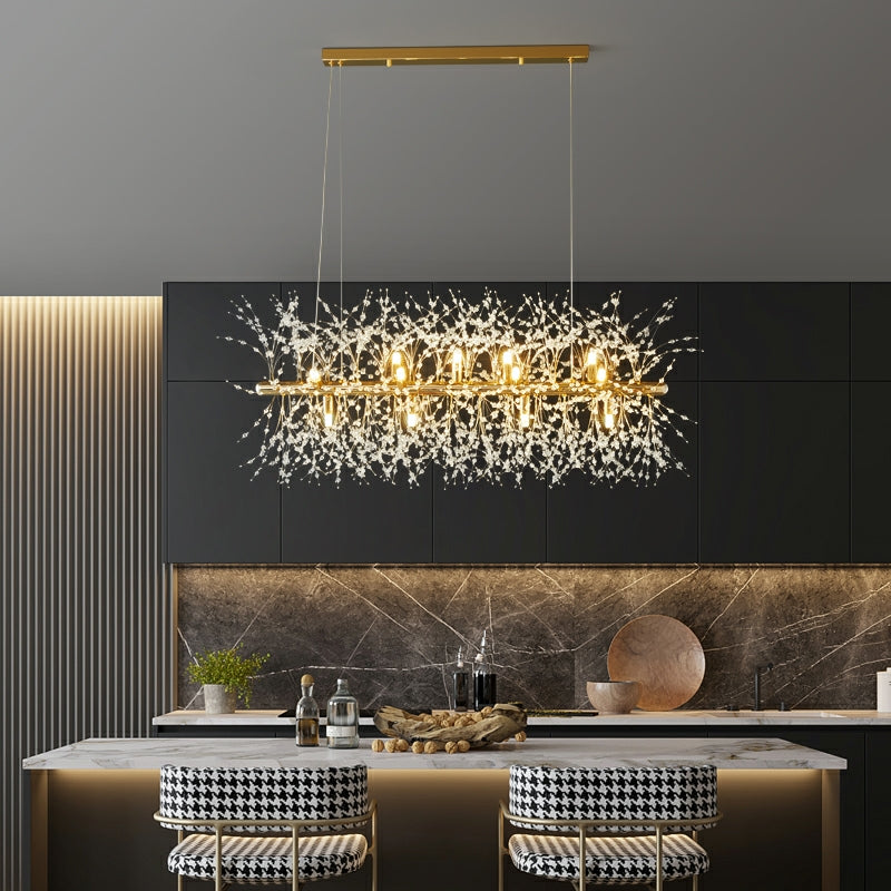 Dandelion Crystal Chandelier Light Firefly / Glowworm Hanging Lamp Pendant for Rectangle Dining Room