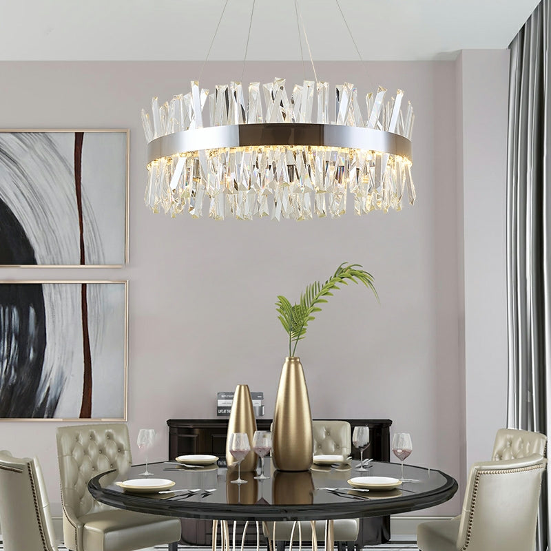 Round Chrome Stainless Steel K9 Crystal Chandelier Pendant Light Silver Finish for Living Dining Room