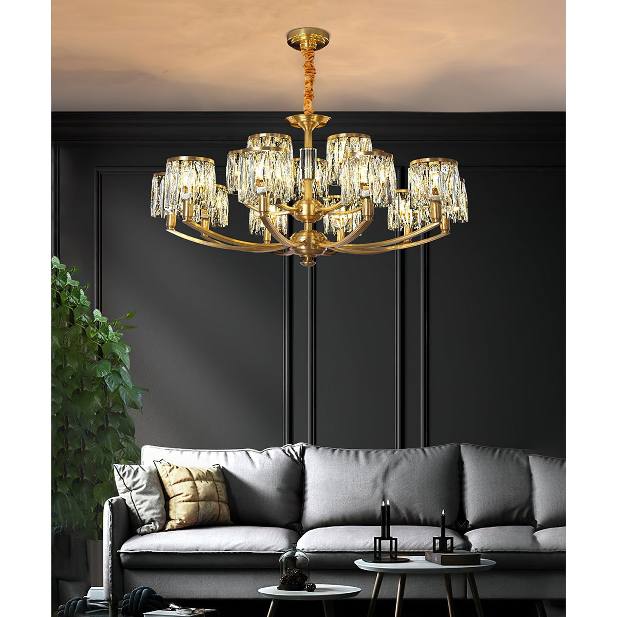 Crystal Column Brass Chandelier