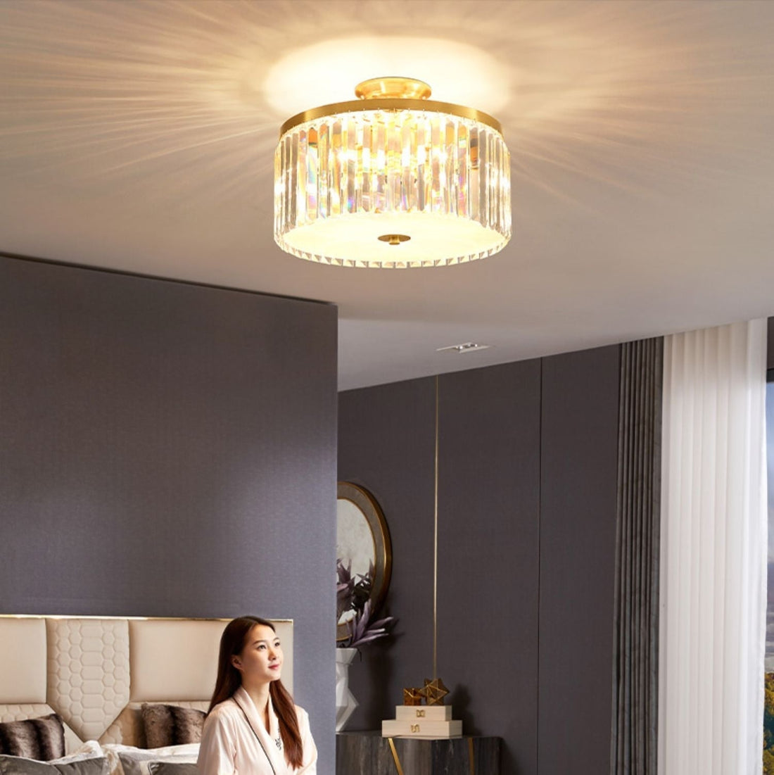 D16" LED Decorative Round Ceiling Lighting Mini Living / Bedroom Gold Flush Mount Crystal Chandelier