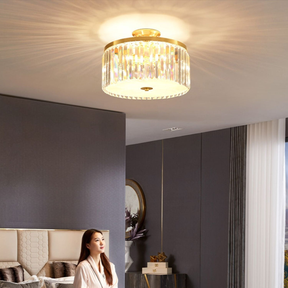 D16" LED Decorative Round Ceiling Lighting Mini Living / Bedroom Gold Flush Mount Crystal Chandelier
