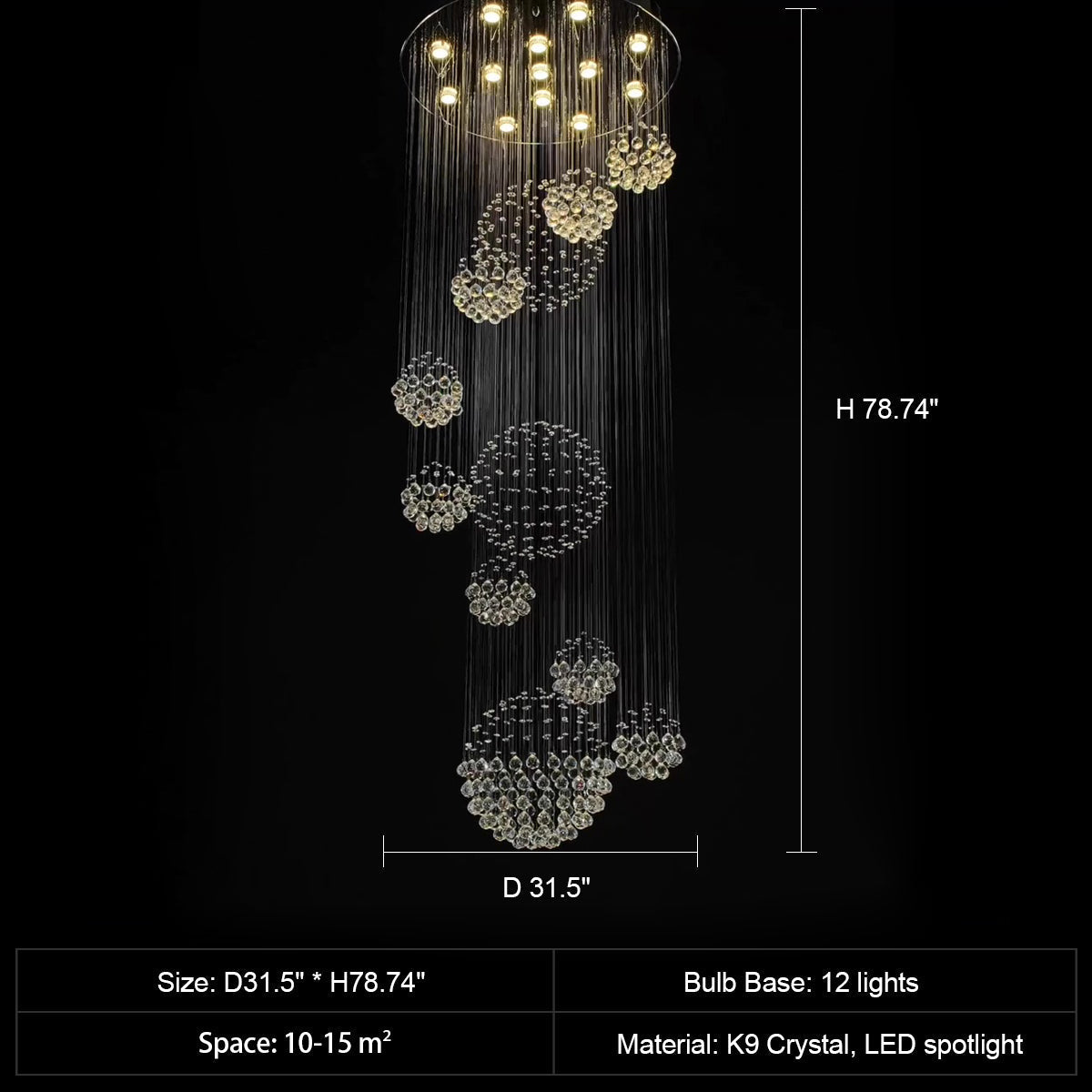 K9 Crystal Raindrop Globe Spiral Chandelier for Entryway and Staircase