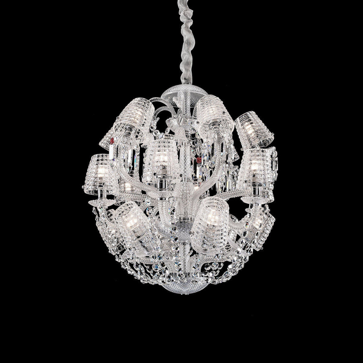 Luxury Globe-Shaped Crystal Chandelier with Fabric and Crystal Glass Shades, High-Quality Finish