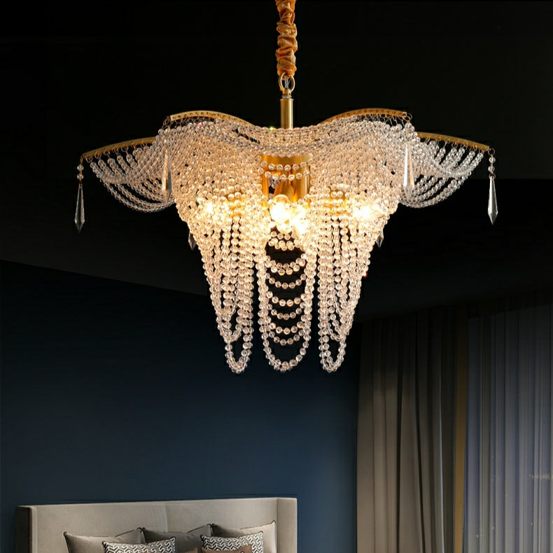 Decorative Beaded Crystal Brass Chandelier Elegant Ceiling Light for Living Room / Bedroom