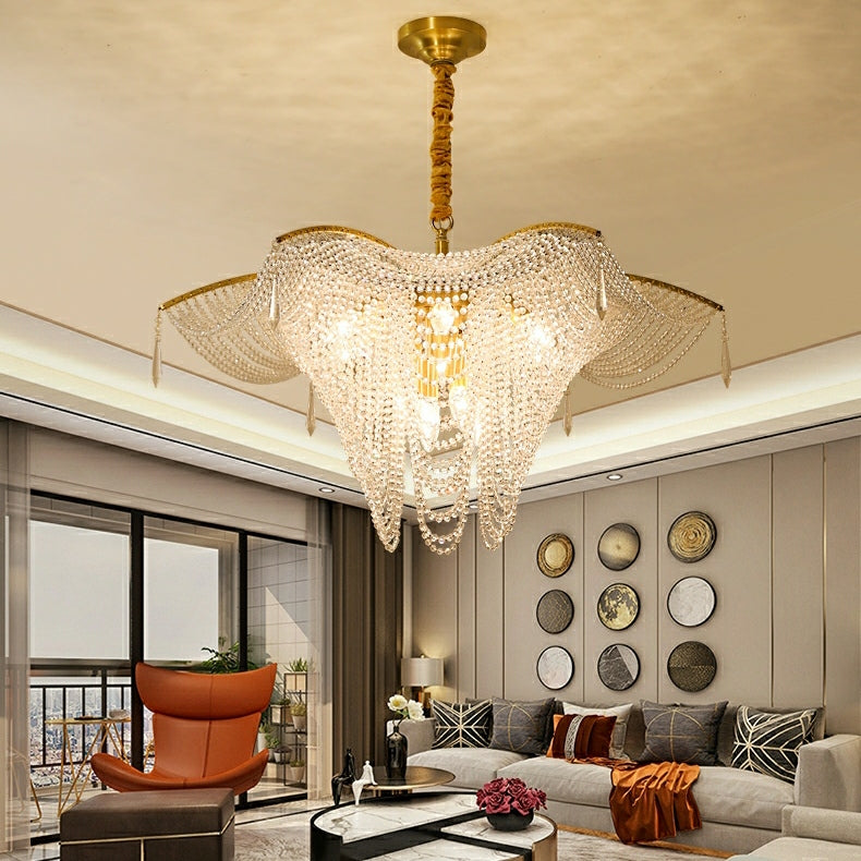 Decorative Beaded Crystal Brass Chandelier Elegant Ceiling Light for Living Room / Bedroom