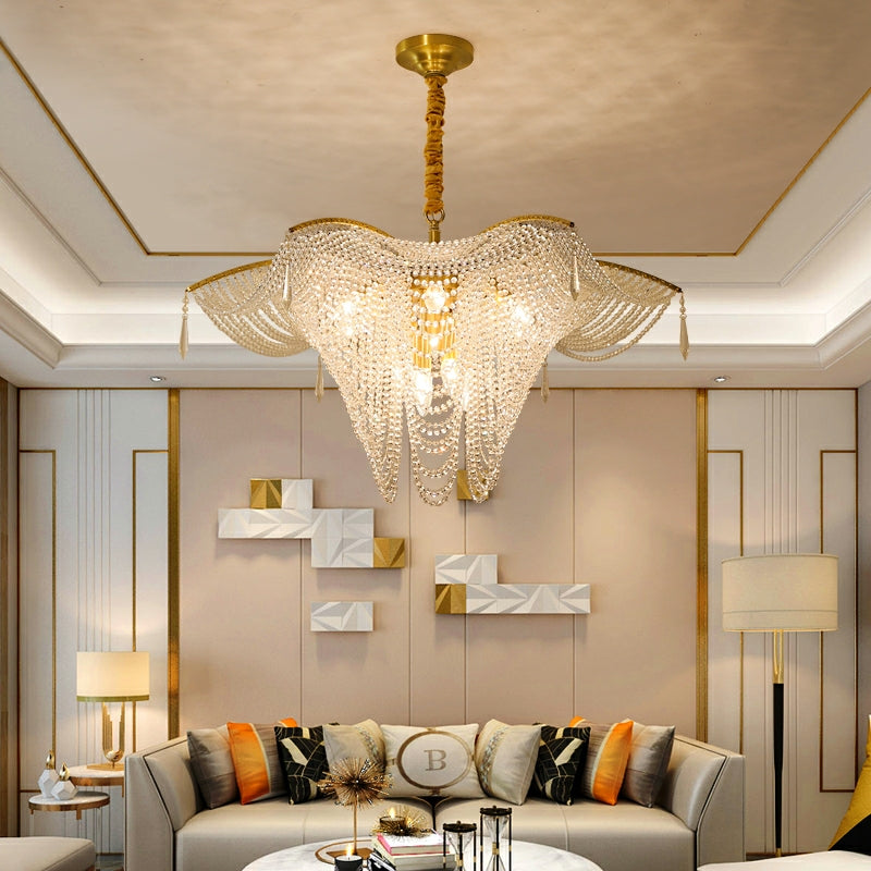 Decorative Beaded Crystal Brass Chandelier Elegant Ceiling Light for Living Room / Bedroom