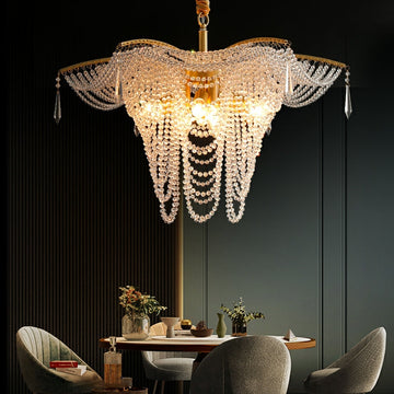 Decorative Beaded Crystal Brass Chandelier Elegant Ceiling Light for Living Room / Bedroom
