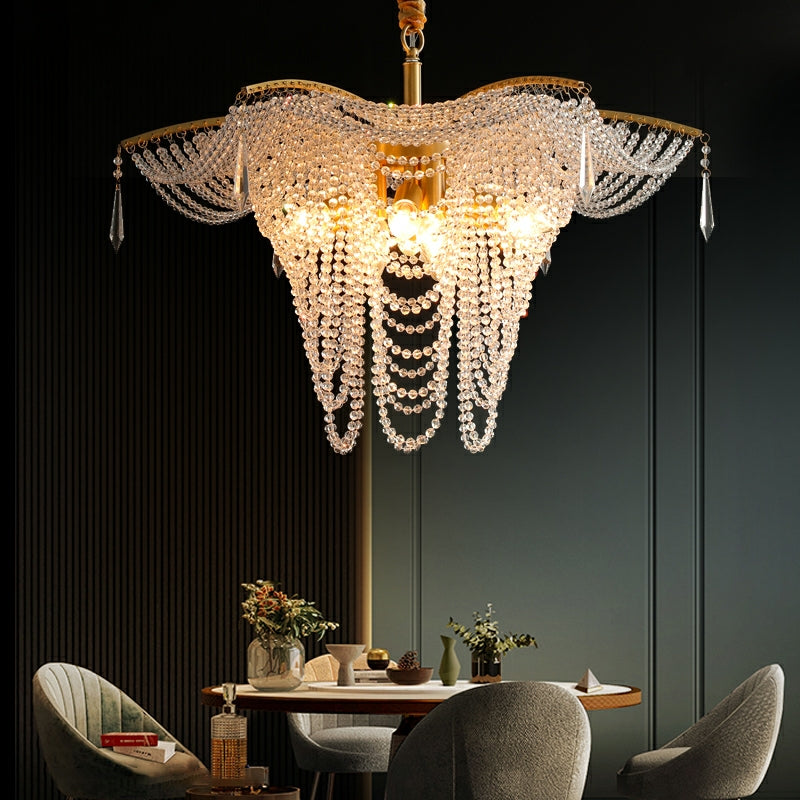 Decorative Beaded Crystal Brass Chandelier Elegant Ceiling Light for Living Room / Bedroom
