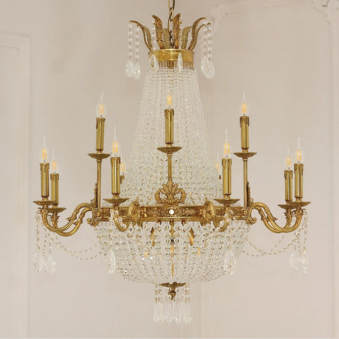 Empire Style Round Brass and K9 Crystal Chandelier with Decorative Finish for Foyer Living Room Dining Room