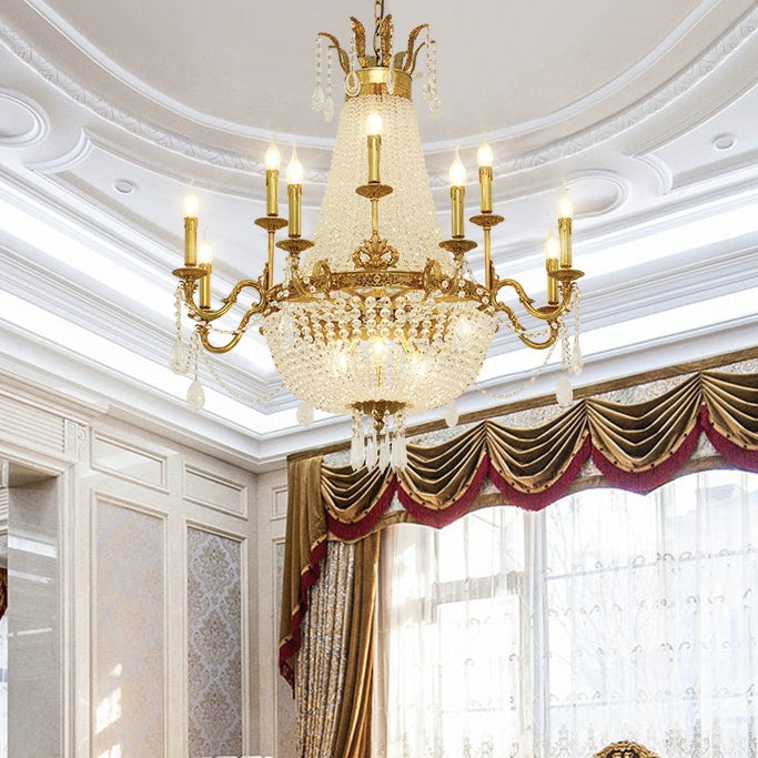 Empire Style Round Brass and K9 Crystal Chandelier with Decorative Finish for Foyer Living Room Dining Room