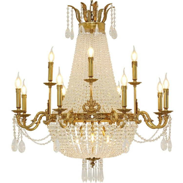 Empire Style Round Brass and K9 Crystal Chandelier with Decorative Finish for Foyer Living Room Dining Room