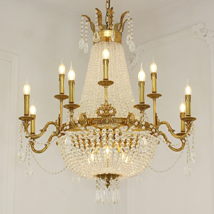 Empire Style Round Brass and K9 Crystal Chandelier with Decorative Finish for Foyer Living Room Dining Room