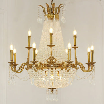Empire Style Round Brass and K9 Crystal Chandelier with Decorative Finish for Foyer Living Room Dining Room