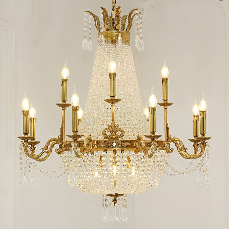 Empire Style Round Brass and K9 Crystal Chandelier with Decorative Finish for Foyer Living Room Dining Room