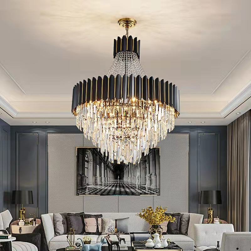 Black Crystal and Stainless Steel Round Chandelier Ceiling Light , Modern Finish