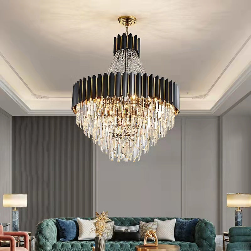 Black Crystal and Stainless Steel Round Chandelier Ceiling Light , Modern Finish