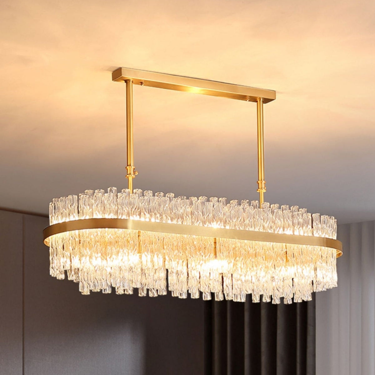 Elegant Brass Crystal Wave Tube Chandelier for Living Room Pure Copper Round Dining Table Ceiling Light / Lamp