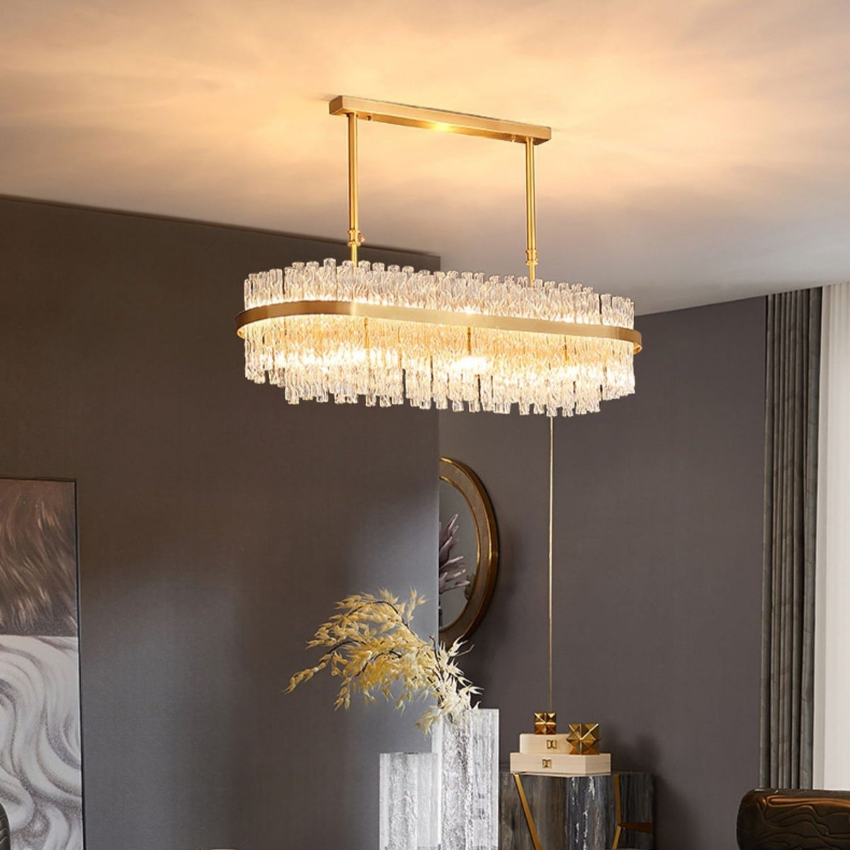 Elegant Brass Crystal Wave Tube Chandelier for Living Room Pure Copper Round Dining Table Ceiling Light / Lamp